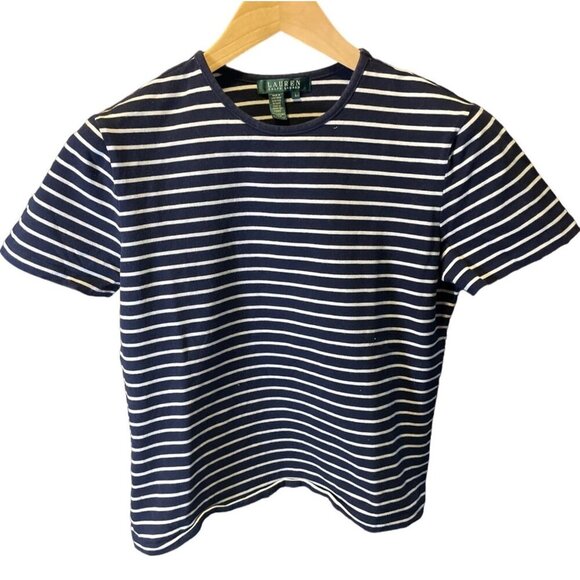 Lauren by Ralph Lauren Navy White Striped Short Sleeve Round Neck Top SZ Large - Picture 1 of 6
